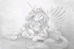Size: 2400x1600 | Tagged: safe, artist:darkdoomer, imported from ponybooru, princess celestia, earth pony, pony, bandaid, flower, flower in hair, heart, hug, looking at you, maggie joy, solo