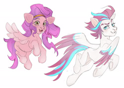 Size: 2048x1452 | Tagged: safe, artist:kapusha-blr, imported from derpibooru, pipp petals, zipp storm, pegasus, pony, duo, duo female, female, flying, g5, mare, royal sisters (g5), siblings, simple background, sisters, smiling, spread wings, white background, wings