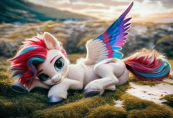 Size: 1216x832 | Tagged: safe, imported from derpibooru, zipp storm, pegasus, pony, ai content, ai generated, detailed, ear fluff, female, g5, generator:pony diffusion v6 xl, generator:stable diffusion, looking at you, lying down, mare, on side, outdoors, prompter:kluknawa235, sky, smiling, solo, wings