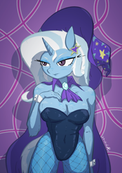 Size: 2480x3508 | Tagged: safe, artist:tastimelon, imported from derpibooru, trixie, anthro, unicorn, cape, clothes, cuffs, fishnet clothing, fishnet pantyhose, horn, leotard, pantyhose, solo