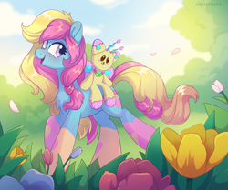 Size: 2238x1869 | Tagged: safe, artist:skysorbett, imported from derpibooru, oc, oc only, oc:cozy sweet, earth pony, pony, bush, coat markings, female, flower, grass, mare, nature, outdoors, sky, smiling, solo, toy, tulip