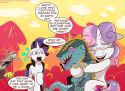 Size: 2062x1500 | Tagged: safe, artist:saturdaymorningproj, imported from derpibooru, discord, rarity, sweetie belle, pony, unicorn, abstract background, birthday, happy, horn, shocked, shocked expression, smiling, speech bubble