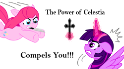 Size: 692x387 | Tagged: safe, artist:pinkamena_exe, imported from derpibooru, pinkie pie, twilight sparkle, alicorn, earth pony, pony, cross, duo, duo female, female, knife, pinkamena diane pie, simple background, the power of christ compels you, twilight sparkle (alicorn), white background