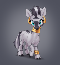 Size: 2044x2241 | Tagged: safe, artist:aquaticvibes, imported from derpibooru, zecora, pony, zebra, ear piercing, earring, female, gradient background, gray background, jewelry, mare, piercing, raised hoof, simple background, solo, whiskers