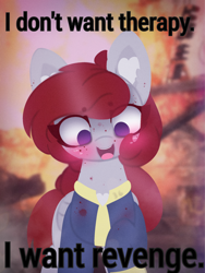 Size: 4096x5461 | Tagged: safe, artist:sodapop sprays, imported from derpibooru, oc, oc only, pegasus, pony, fallout equestria, blood, blood stains, caption, chest fluff, clothes, ear fluff, explosion, fallout, fire, insanity, jumpsuit, looking at you, meme, solo, text, vault suit