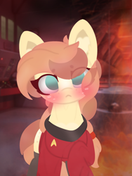 Size: 4096x5461 | Tagged: safe, artist:sodapop sprays, imported from derpibooru, oc, oc only, oc:mair mair, oc:mair mair horsely, pony, caption, chest fluff, clothes, danger, ear fluff, explosion, female, fire, imminent death, imminent everything, looking at you, meme, mother, smoke, solo, star trek, star trek (tos), text, uniform