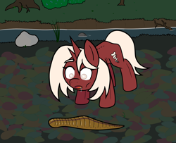 Size: 1212x984 | Tagged: safe, artist:scraggleman, imported from derpibooru, oc, oc only, oc:humor, leech, pony, unicorn, background, drool, eyebrows, horn, river, rock, skinny, solo, thin, water