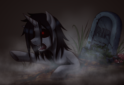 Size: 1200x820 | Tagged: safe, artist:zetamad, imported from derpibooru, oc, oc only, pony, undead, unicorn, zombie, zombie pony, atg 2024, black mane, black sclera, coming out, creepy, dirt, fog, grass, grave, gray coat, horn, mushroom, newbie artist training grounds, open mouth, raised hoof, raised leg, red pupils, solo