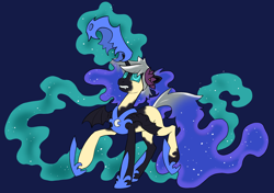 Size: 2122x1497 | Tagged: safe, artist:atcpony, imported from derpibooru, nightmare moon, oc, oc:mercury shine, alicorn, pony, unicorn, armor, character to character, ethereal mane, ethereal tail, fangs, female, helmet, hypno eyes, magic, mare, mercury shine having another bad time, mid-transformation, mind control, possession, simple background, transformation