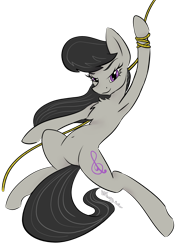 Size: 1276x1713 | Tagged: safe, artist:destiny_manticor, imported from derpibooru, octavia melody, earth pony, pony, belly button, chest fluff, closed mouth, grin, innie belly button, looking at you, raised hoof, request, rope, round belly, simple background, smiling, solo, spread hooves, swinging, transparent background
