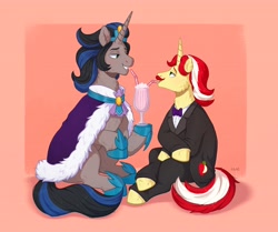 Size: 7410x6188 | Tagged: safe, artist:birdoffnorth, imported from derpibooru, flam, king sombra, pony, unicorn, drink, drinking straw, duo, duo male, gay, good king sombra, horn, looking at each other, looking at someone, male, milkshake, mirror universe, shipping, smiling, smiling at each other