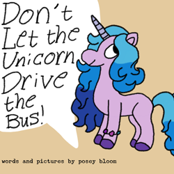 Size: 1000x1000 | Tagged: safe, artist:mintwhistle, imported from derpibooru, izzy moonbow, pony, unicorn, atg 2024, book cover, bracelet, colored hooves, cover, dialogue, don't let the pigeon drive the bus, female, friendship bracelet, g5, horn, implied posey bloom, jewelry, looking up, mare, medibang paint, missing cutie mark, mo willems, newbie artist training grounds, orange background, parody, simple background, smiling, solo, speech bubble, style emulation