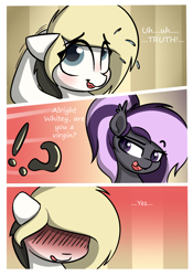 Size: 1400x2000 | Tagged: safe, artist:vipy, imported from derpibooru, part of a set, oc, oc only, oc:nightwalker, oc:whiteout, bat pony, pegasus, pony, comic, grin, nervous, nervous grin, part of a series, question, question mark, smiling, truth or dare