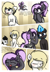 Size: 1400x2000 | Tagged: safe, artist:vipy, imported from derpibooru, part of a set, oc, oc:nightwalker, oc:nimbus, oc:vipy, oc:whiteout, bat pony, earth pony, pegasus, pony, comic:dare after dare, comic, looking at each other, looking at someone, part of a series, smiling, smirk, truth or dare, whispering