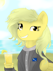 Size: 1521x2048 | Tagged: safe, artist:minecake, imported from derpibooru, oc, oc only, oc:yellow diamond, pegasus, pony, equestria at war mod, beach, blonde hair, bust, clothes, juice, las pegasus flag, lemonade, pegasus oc, portrait, smug, solo, suit, wings