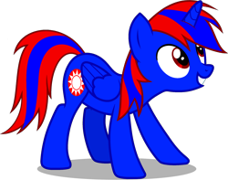 Size: 2218x1744 | Tagged: safe, artist:stephen-fisher, imported from derpibooru, oc, oc only, oc:stephen (stephen-fisher), alicorn, pony, folded wings, grin, male, male alicorn, male alicorn oc, needs more saturation, red and blue, red eyes, simple background, smiling, solo, stallion, standing, transparent background, vector, wings
