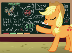 Size: 3400x2505 | Tagged: safe, artist:sweetielover, imported from derpibooru, applejack, earth pony, pony, apple, apple tree, applejack's hat, atg 2024, chalk, chalkboard, classroom, cowboy hat, eyes closed, fancy mathematics, female, food, formula, hat, high res, math, mouth hold, newbie artist training grounds, physics, school of friendship, solo, tree