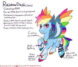 Size: 1982x1700 | Tagged: safe, artist:caffeinatedcarny, imported from derpibooru, rainbow dash, pegasus, pony, alternate cutie mark, alternate universe, amputee, butch, cheek fluff, coat markings, colored wings, countershading, ear fluff, ear piercing, eye scar, facial markings, facial scar, fangs, feathered elbows, feathered fetlocks, female, g3, headcanon, hooves, jewelry, kandi, lesbian, lesbian pride flag, lgbt, lgbt headcanon, lgbtq, multicolored hair, multicolored hooves, multicolored wings, necklace, piercing, pride, pride flag, prosthetic limb, prosthetics, scar, short hair, simple background, socks (coat markings), solo, star (coat marking), stim necklace, tail, tail feathers, undercut, wing markings, wings