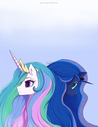 Size: 1280x1661 | Tagged: safe, artist:nnaly, imported from derpibooru, princess celestia, princess luna, alicorn, pony, blue background, bust, duo, duo female, ethereal mane, female, gradient background, mare, portrait, royal sisters, siblings, simple background, sisters, starry mane, younger