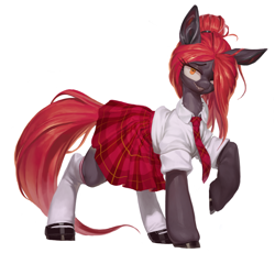 Size: 3096x2976 | Tagged: safe, artist:derekireba, imported from derpibooru, oc, oc only, oc:jessi-ka, earth pony, pony, clothes, dress, female, looking at you, mare, necktie, orange eyes, red hair, school uniform, shirt, shoes, simple background, skirt, smiling, smiling at you, socks, solo, uniform, white background