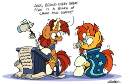 Size: 2382x1616 | Tagged: safe, artist:bobthedalek, imported from derpibooru, stellar flare, sunburst, pony, unicorn, atg 2024, coffee, coffee cup, cup, desk, duo, duo male and female, female, horn, magic, male, mare, messy mane, mother and child, mother and son, newbie artist training grounds, plans, quill, simple background, stallion, telekinesis, that pony sure does love plans, truth, white background