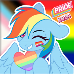 Size: 3464x3464 | Tagged: safe, artist:g0thicxc, imported from derpibooru, rainbow dash, pegasus, 2024, female, gradient background, lesbian, lesbian pride flag, one eye closed, pride, pride flag, pride heart, pride month, rainbow background, smiling, solo, wink