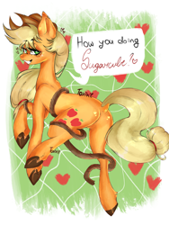 Size: 3000x4000 | Tagged: safe, artist:toxikil, imported from derpibooru, applejack, earth pony, pony, applebutt, butt, dock, ear piercing, earring, featureless crotch, freckles, frog (hoof), from behind, hat, jewelry, looking at you, looking back, piercing, presenting, rear view, rope, seductive, sexy, shiny mane, solo, tail, underhoof, wingding eyes