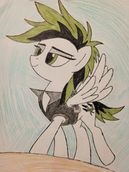 Size: 3024x4032 | Tagged: safe, artist:veprem, imported from derpibooru, oc, oc only, oc:jet fuel, pegasus, clothes, female, mare, pegasus oc, solo, trace, traditional art, wings