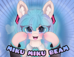 Size: 1975x1535 | Tagged: safe, artist:sodapop sprays, imported from derpibooru, earth pony, pony, anime, blushing, clothes, ear fluff, eye clipping through hair, hatsune miku, looking at you, meme, miku miku beam, miku miku beam meme, pigtails, ponified, solo, twintails, vocaloid