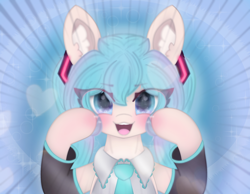Size: 4096x3185 | Tagged: safe, alternate version, artist:sodapop sprays, imported from derpibooru, earth pony, pony, anime, blushing, clothes, ear fluff, eye clipping through hair, hatsune miku, looking at you, meme, miku miku beam, miku miku beam meme, pigtails, ponified, solo, twintails, vocaloid