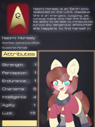 Size: 4096x5461 | Tagged: safe, artist:sodapop sprays, imported from derpibooru, oc, oc only, oc:horsely, oc:naomi horsely, earth pony, pony, attributes, clothes, combadge, description, simple background, socks, solo, star trek, star trek (tos), stats, stockings, text, thigh highs, uniform