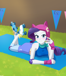 Size: 1050x1200 | Tagged: safe, artist:riouku, imported from derpibooru, rarity, equestria girls, alternate hairstyle, bandana, bare shoulders, belt, blushing, boots, clothes, commission, cute, elbow pads, eyeshadow, female, fingerless gloves, gloves, grass, helmet, knee pads, lying down, makeup, mat, my little pony equestria girls: friendship games, prone, raribetes, roller derby, roller skates, shoes, shorts, skates, sleeveless, solo, tanktop