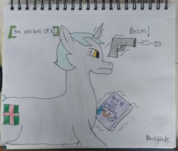Size: 2968x2516 | Tagged: safe, artist:blackblade360, imported from derpibooru, oc, oc only, oc:heartbeat, pony, unicorn, fallout equestria, atg 2024, book, bullet, colored pencil drawing, cyan mane, cyan tail, fallout, fallout 4, female, glowing, glowing horn, gray coat, guide, gun, horn, implied applejack, implied rainbow dash, implied rarity, irl, level up, looking at something, magic, mare, mare oc, newbie artist training grounds, paper, photo, shooting, signature, telekinesis, traditional art, unicorn oc, weapon, yellow eyes