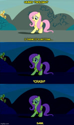 Size: 500x839 | Tagged: safe, artist:flutterbob, derpibooru exclusive, imported from derpibooru, fluttershy, pegasus, pony, day, dialogue, female, hall monitor, implied twilight sparkle, night, reference, solo, spongebob reference, spongebob squarepants