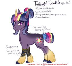Size: 1862x1700 | Tagged: safe, artist:caffeinatedcarny, imported from derpibooru, twilight sparkle, twilight twinkle, pony, unicorn, alternate cutie mark, alternate universe, cloven hooves, coat markings, colored hooves, colored horn, colored pinnae, compression braces, concave belly, countershading, disabled, ear fluff, ear tufts, female, g3, gradient horn, gradient legs, gradient mane, gradient tail, hair bun, headcanon, horn, leg brace, leg fluff, lgbt, lgbt headcanon, lgbtq, mare, pronouns, redesign, scrunchie, simple background, solo, tail, tail bun, transfemme, transgender, unicorn twilight, unshorn fetlocks