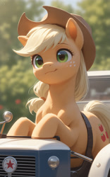 Size: 2000x3200 | Tagged: safe, editor:derp621, imported from derpibooru, applejack, earth pony, pony, ai content, ai generated, applejack's hat, blurry background, cowboy hat, ear fluff, female, generator:tponynai3, hat, mare, prompter:derp621, smiling, tractor