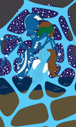 Size: 1981x3300 | Tagged: safe, artist:billy2345, imported from derpibooru, oc, oc only, oc:sea caster, unnamed oc, drider, earth pony, original species, pony, bio in description, bondage, cave, cocoon, comforting, earth pony oc, female, hoof on cheek, jewelry, male, male and female, mare, moon, mummification, necklace, night, night sky, ocean, singing, sky, smiling, spider web, stallion, stars, story included, water, wrapped up