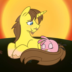 Size: 1920x1920 | Tagged: safe, artist:artflicker, artist:grapefruit-face, edit, imported from derpibooru, stella lashes, bird, pony, unicorn, angry birds, base used, duo, horn, hug, lidded eyes, looking at someone, lying down, resting, sleeping, stella, sunset, tail, tail hug
