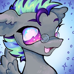 Size: 2048x2048 | Tagged: safe, artist:larvaecandy, imported from derpibooru, oc, oc only, oc:vipir flash, pegasus, pony, abstract background, bust, colored eyebrows, commission, ear fluff, eyelashes, floppy ears, glasses, gradient background, gray coat, high res, icon, male, mohawk, multicolored eyes, multicolored mane, open mouth, open smile, pegasus oc, pink eyes, profile picture, round glasses, smiling, solo, spread wings, stallion, trans male, transgender, transgender oc, wings