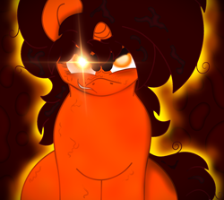 Size: 2180x1944 | Tagged: safe, artist:tr4p3z1um5, edit, imported from derpibooru, oc, oc:burning holly, demon, demon pony, original species, pony, unicorn, angry, aura, evil grin, female, glowing, glowing eyes, grin, horn, orange eyes, smiling