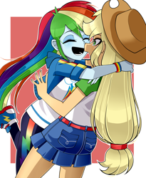 Size: 1638x2000 | Tagged: safe, artist:nekojackun, imported from derpibooru, applejack, rainbow dash, human, equestria girls, 2d, appledash, applejack's hat, belt, blushing, clothes, cowboy hat, denim, denim skirt, duo, duo female, eyes closed, eyeshadow, female, fingernails, freckles, happy, hat, jacket, lesbian, makeup, open mouth, open smile, pants, pockets, ponytail, shipping, shirt, shoes, short sleeves, sideburns, skirt, smiling, sneakers, surprised, t-shirt, thunderbolt, wristband