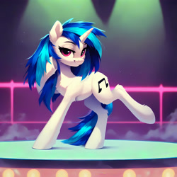 Size: 2880x2880 | Tagged: safe, editor:derp621, imported from derpibooru, dj pon-3, neon lights, rising star, vinyl scratch, unicorn, ai content, ai generated, generator:pony diffusion v6 xl, generator:stable diffusion, hoof through hair, horn, looking at you, nightclub, prompt in description, prompter:derp621