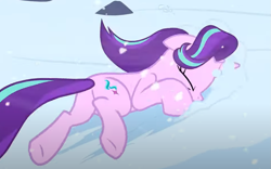 Size: 959x597 | Tagged: safe, imported from derpibooru, screencap, starlight glimmer, pony, unicorn, the ending of the end, butt, cropped, eyes closed, female, horn, mare, plot, snow, solo, unconscious