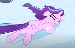 Size: 962x613 | Tagged: safe, imported from derpibooru, screencap, starlight glimmer, pony, unicorn, the ending of the end, butt, cropped, eyes closed, female, horn, mare, plot, snow, solo