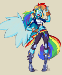 Size: 2406x2935 | Tagged: safe, artist:shadowhawx, imported from derpibooru, rainbow dash, human, beige background, belly button, breasts, elf ears, goggles, goggles on head, green eyes, hand on hip, high res, humanized, midriff, open mouth, peace sign, ponytail, simple background, solo, winged humanization, wings, wrong eye color