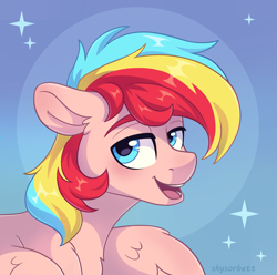 Size: 1829x1818 | Tagged: safe, artist:skysorbett, imported from derpibooru, oc, oc only, pegasus, pony, abstract background, bust, looking at you, male, open mouth, open smile, pegasus oc, portrait, smiling, solo, stallion, wings