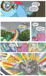 Size: 4744x7680 | Tagged: safe, artist:tonyfleecs, edit, idw, imported from derpibooru, big boy the cloud gremlin, rainbow dash, runt the cloud gremlin, tank, cloud gremlins, pegasus, pony, tortoise, my little pony micro-series, spoiler:comic, apple, apple tree, cloud, flying, food, micro-series #2, official comic, rainbow trail, sonic rainboom, tree