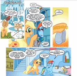 Size: 4320x4284 | Tagged: safe, artist:tonyfleecs, idw, imported from derpibooru, applejack, rainbow dash, earth pony, pegasus, pony, my little pony micro-series, spoiler:comic, clothes, micro-series #2, official comic, rainbow dash's house, shoes