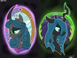 Size: 2994x2254 | Tagged: safe, artist:walt121, imported from derpibooru, queen chrysalis, changeling, changeling queen, bust, female, glasses, horn, loving chrysalis, mirror, mirror universe, reversalis