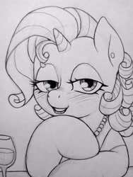 Size: 3072x4096 | Tagged: safe, artist:public mistake, imported from derpibooru, rarity, pony, unicorn, bedroom eyes, blush lines, blushing, bust, female, glass, grayscale, hoof on chin, horn, jewelry, lipstick, looking at you, mare, monochrome, necklace, pearl necklace, pencil drawing, smiling, smiling at you, solo, traditional art, wine glass, wip